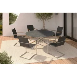 OUTFLEXX Garten-Essgruppe, silber/schwarz, Edelstahl/Glaskeramik/Textilene/Teak, Tisch Ø150cm, 5 Freischwinger, padded