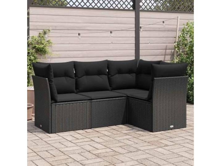 Résine tressée imperméable Ensemble patio avec coussins 4 pièces Noir Salon de jardin 4 pcs avec coussins noir en résine tressée, ensemble modulable canapé d'extérieur imperméable, espace détente
