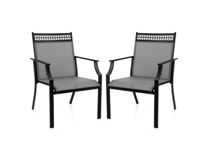 COSTWAY Lot de 2 Chaises Fauteuils de Jardin en Textilène -Cadre en Métal Décoration Ajourée Charge 150KG -Terrasse Piscine -Gris