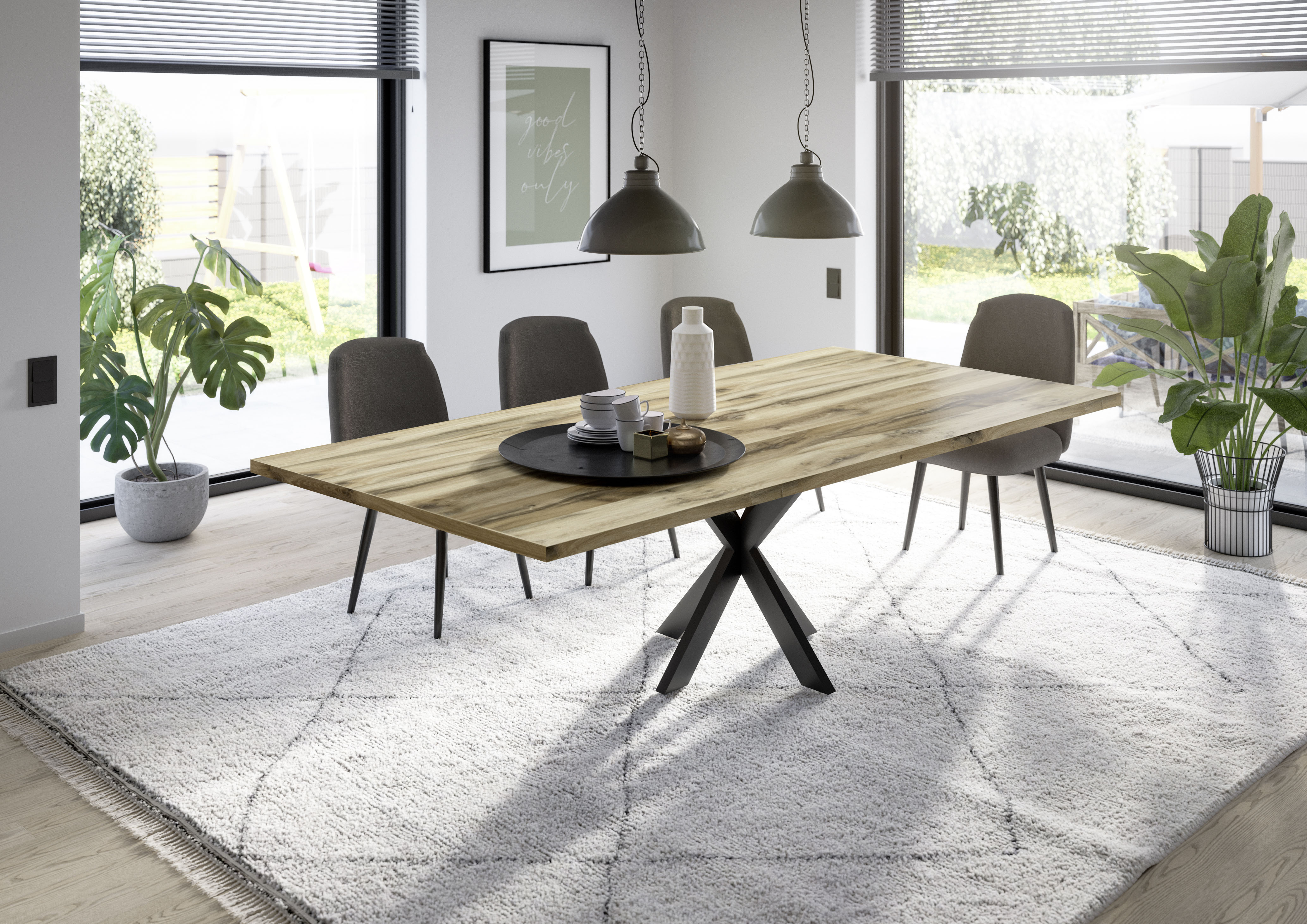 Esstisch MÄUSBACHER "Big System Metall", braun (schwarz feinstruktur, plankeneiche, schwarz feinstruktur, plankeneiche), B:140cm H:78cm T:90cm, Tische, Esstisch, Metallgestell in Stern-Form schwarz feinstruktur, plankeneiche, schwarz feinstruktur, planken
