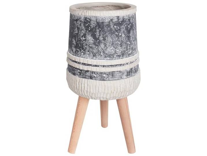 Blumentopf Magnesiumoxid grau/beige mit Holzbeinen Streifen Muster Arisamea