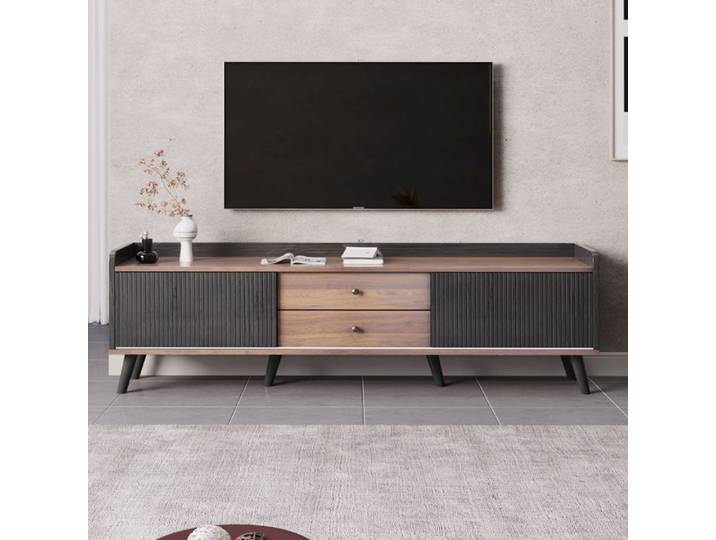Piaenon - meuble TV 160 x 40 x 58 cm noir meuble TV bas avec deux tiroirs et deux portes coulissantes.
