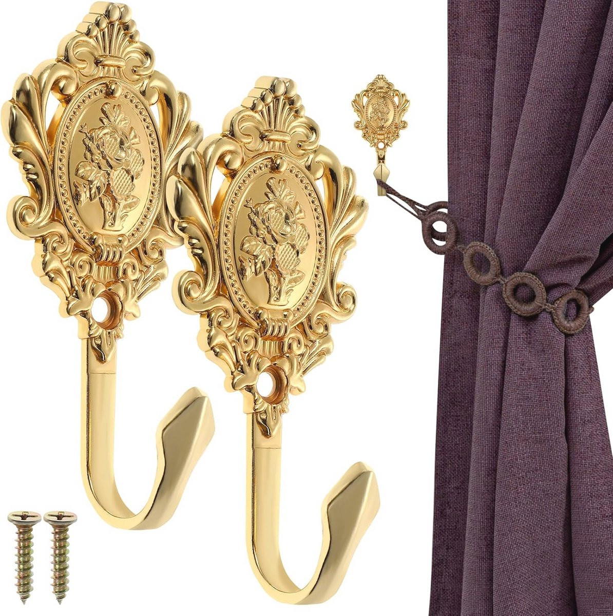 Geef uw interieur een klassieke uitstraling met deze set van 2 vintage gordijnhouders met een decoratief rozenpatroon.