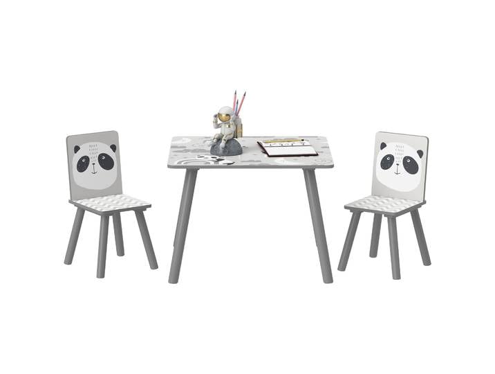 Ensemble table et 2 chaises Zonekiz, ensemble de meubles pour enfants 3 pièces pour enfants de plus de 3 ans avec bordure et panda gris et blanc
