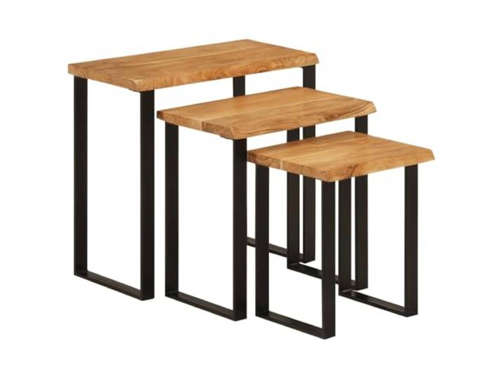 Favemtsl 3er Set Satztische Massivholz Akazienholz Beistelltisch Baumkante Dreiteiliges Couchtisch Set aus Echtholz mit U-förmigen Metallbeinen für flexibles Platzsparen im Wohnzimmer und Flur.