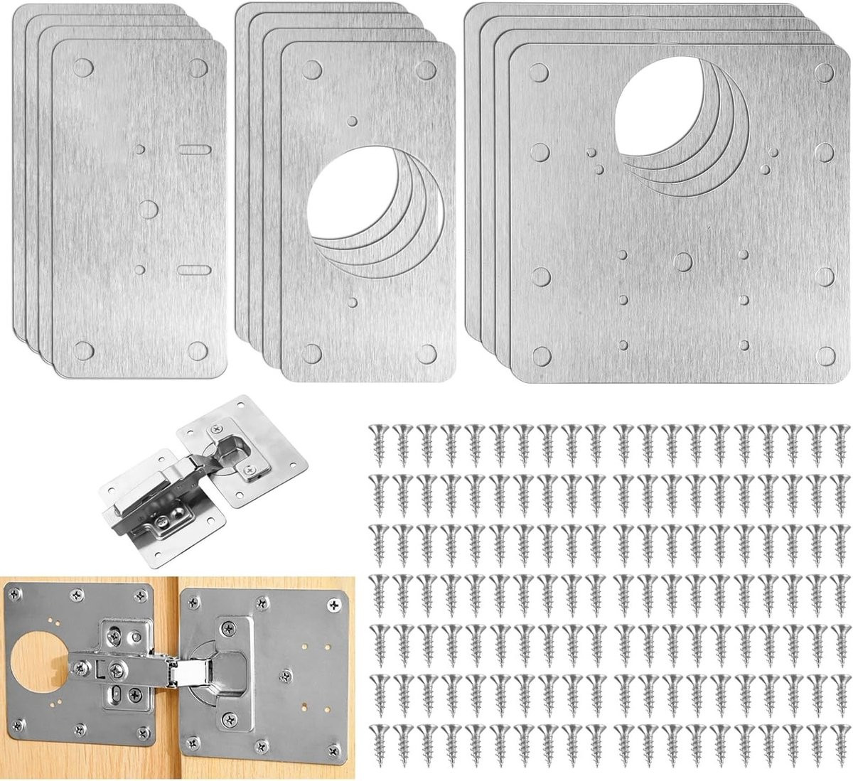 Complete 12-delige Scharnier Reparatieset met 192 Schroeven en RVS Reparatieplaten voor Keuken- en Meubeldeuren