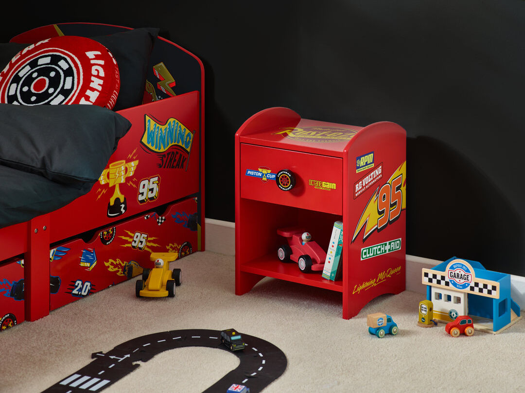 Disney Cars Lightning McQueen Bedside Table: Sturdy Engineered Wood Construction featuring a 2-tier Design for Ample Storage, Small Side Table with Dr Red 48cm H X 35cm W X 30cm D