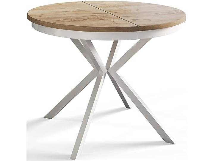 Esszimmertisch BERGO, Durchmesser: 90-170 cm, Craft, Weiß Beine Runder Tisch, Ausziehbarer Tisch, Wohnzimmertisch mit Metallbeinen