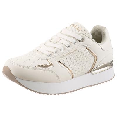 Plateausneaker REPLAY, Damen, Gr. 38, weiß (weiß, goldfarben), Lederimitat, kontrastfarbene Details, Schuhe Plateausneaker, Trend-Sneaker, Schnürschuh, Freizeitschuh mit Metallic-Details