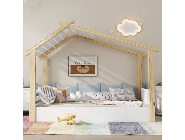 Lit cabane enfant 1 place AESVAR 90x190 cm bois blanc et naturel sommier à lattes