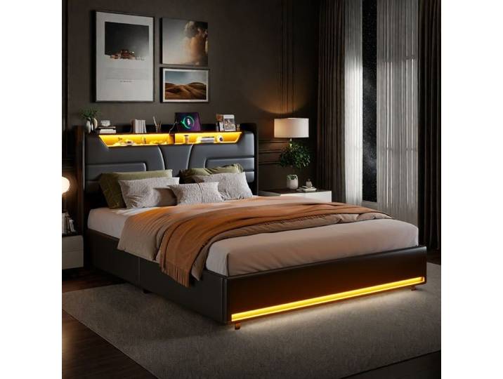Lit coffre 140x200 cm Cadre de lit à lattes et tête de lit Coffre de rangement Lit double 140x200 cm 2 personnes Lit 140x200 cm