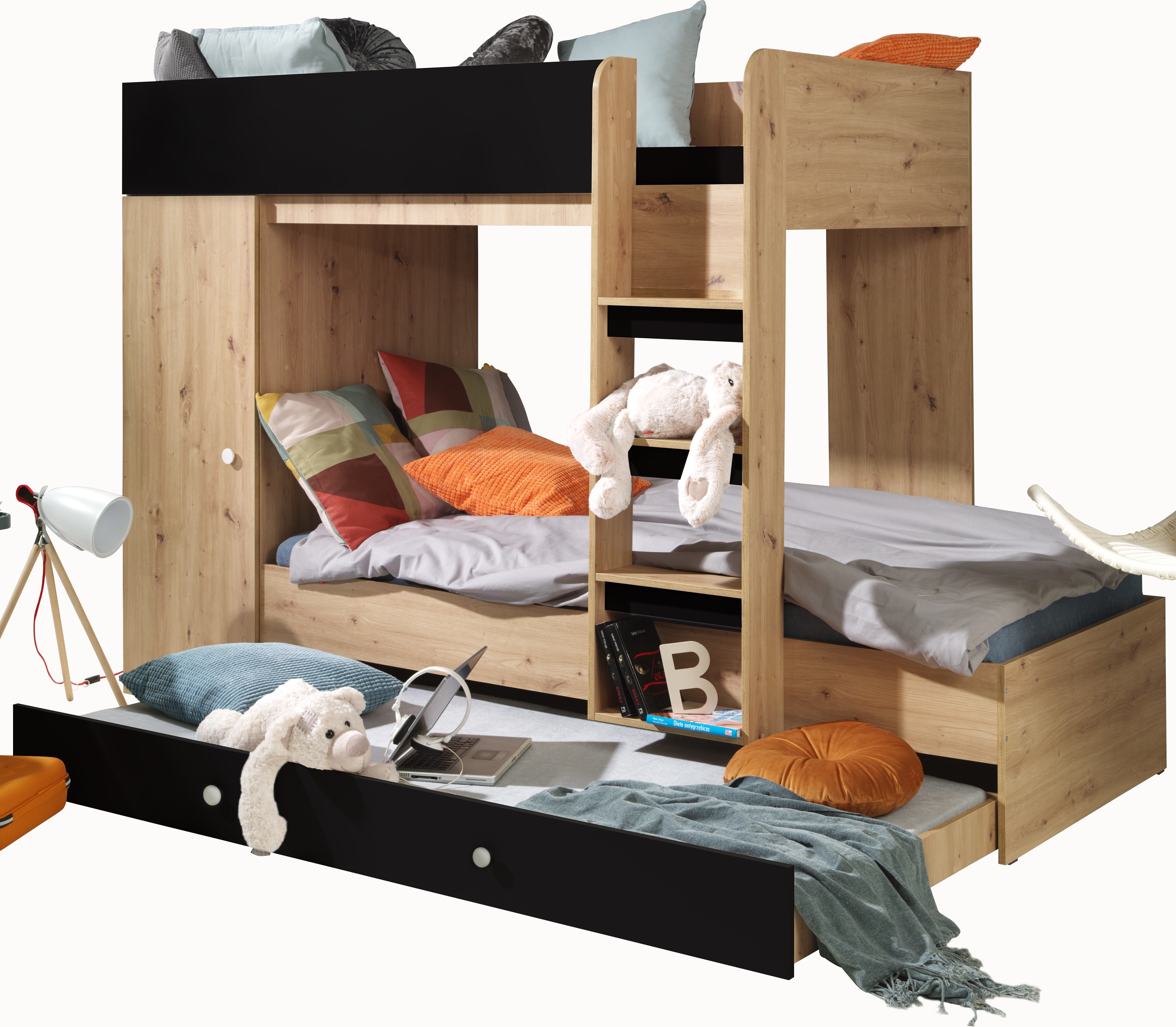 Etagenbett für Kinder SMART 2 Stockbett mit Treppe, DREI Schlafplätze (Smart 2 - Artisan Eiche + Schwarz matt)