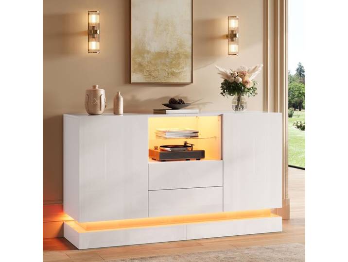 Buffet Bas 140x40x80cm Bahut à 2 Portes et 2 Tiroirs LED Pilotable via Application Niche avec Tablette en Verre Blanc Brillant