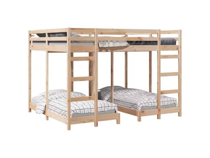 PUGYNBK Dreifach-Etagenbett, Braun, 160 x 200 cm Massives Kiefernholz, 2 Treppen, Sicherheitsgeländer, platzsparend