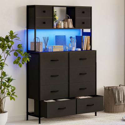 Garvee Dresser for Bedroom, 12-Drawer Fabric Chest with LED Lighting, Power Outlet and Open Shelves