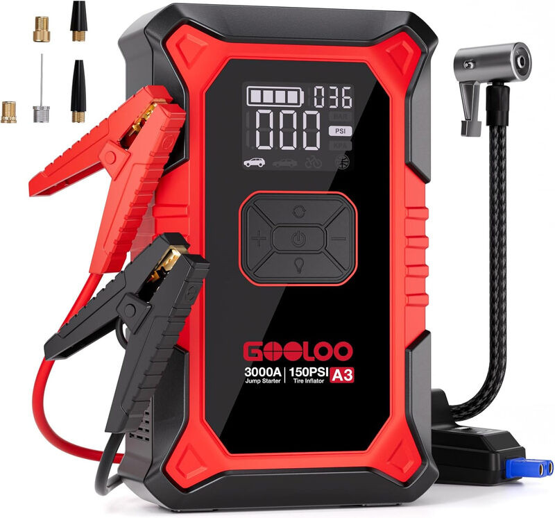 GOOLOO A3 starthulp-powerbank met compressor, 3000 A piekstroom, 15 psi, voor 12 V-voertuigen (tot 9,0 l benzine/6,5 l diesel), draagbare auto-starthulp met digitaal display en LED