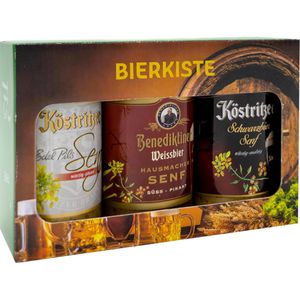 Altenburger Senf Geschenkbox Bierkiste, 3 verschiedene Sorten mit Bier verfeinert, im Glas, je 200 ml