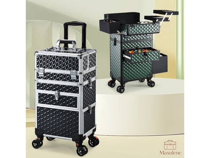 Trolley de Cosmétologie Professionnel sur Roues avec Grands Plateaux, Valise de Maquillage Roulante, Organisateur pour Barbier et Manucure, Chariot de Maquillage avec Tiroirs, Valise de Salon à