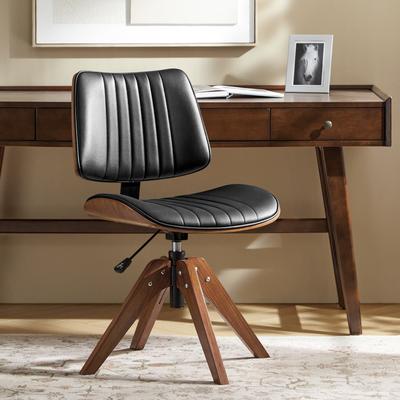 HULALA HOME Will Mid-century Modern Faux Leather 360° Swivel Office Chair with Solid Wood Legs and Channel-tufted Back