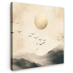 LEINWANDBILD Landschaft - Japandi - Vogel Deko Wohnzimmer 20x20 cm