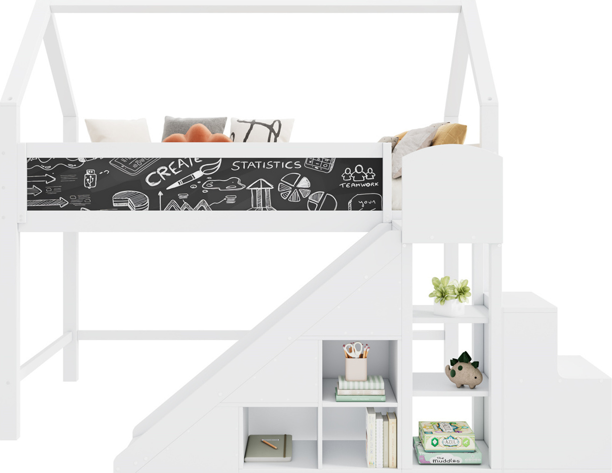Multifunktionales Kinderbett,Einzelbett mit Graffiti-fähige Tafel, Rutsche, Treppe und Schränken, Treppe mit Stauraum