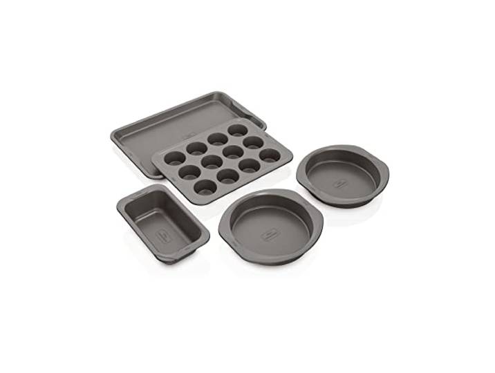 Ninja Foodi NeverStick B35005 Premium Backformen-Set, ofenfest bis 250 °C, mit 27,9 x 43,2 cm Backblech, 12 x 22,9 cm große Kastenform, 12 Muffinformen und (2) 22,9 cm runde Kuchenformen, Grau