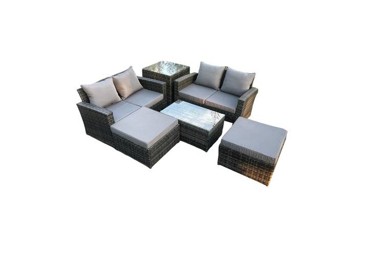 Fimous Garten-Sitzgruppe Polyrattan Dunkelgrau 6-Sitzer, Metall, rechteckig, Gartenmöbel, Gartengarnituren, Gartenmöbel-Sets