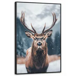 LEINWAND Bilder mit Rahmen - Hirsche - Tiere - Landschaft - Winter - Schnee - 90x140