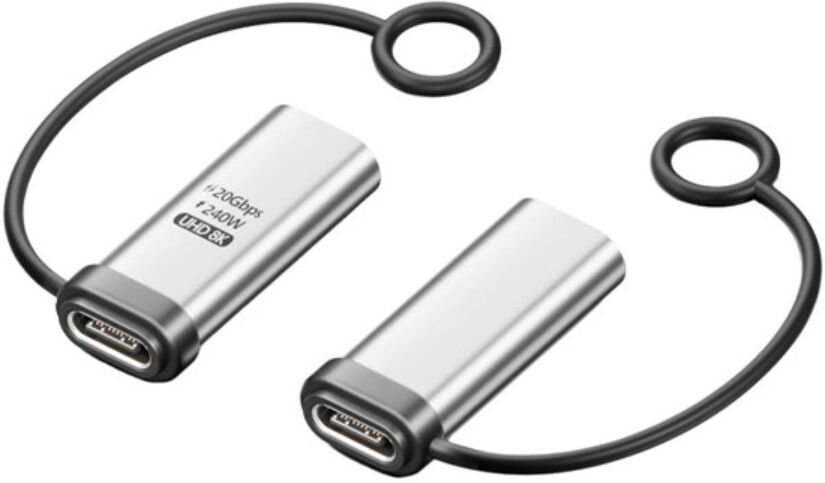 INF USB-C Female to Female Trageband-Adapter — 240W Schnellladung, 20Gbps Daten & 8K Video, ABS+Aluminium Silber