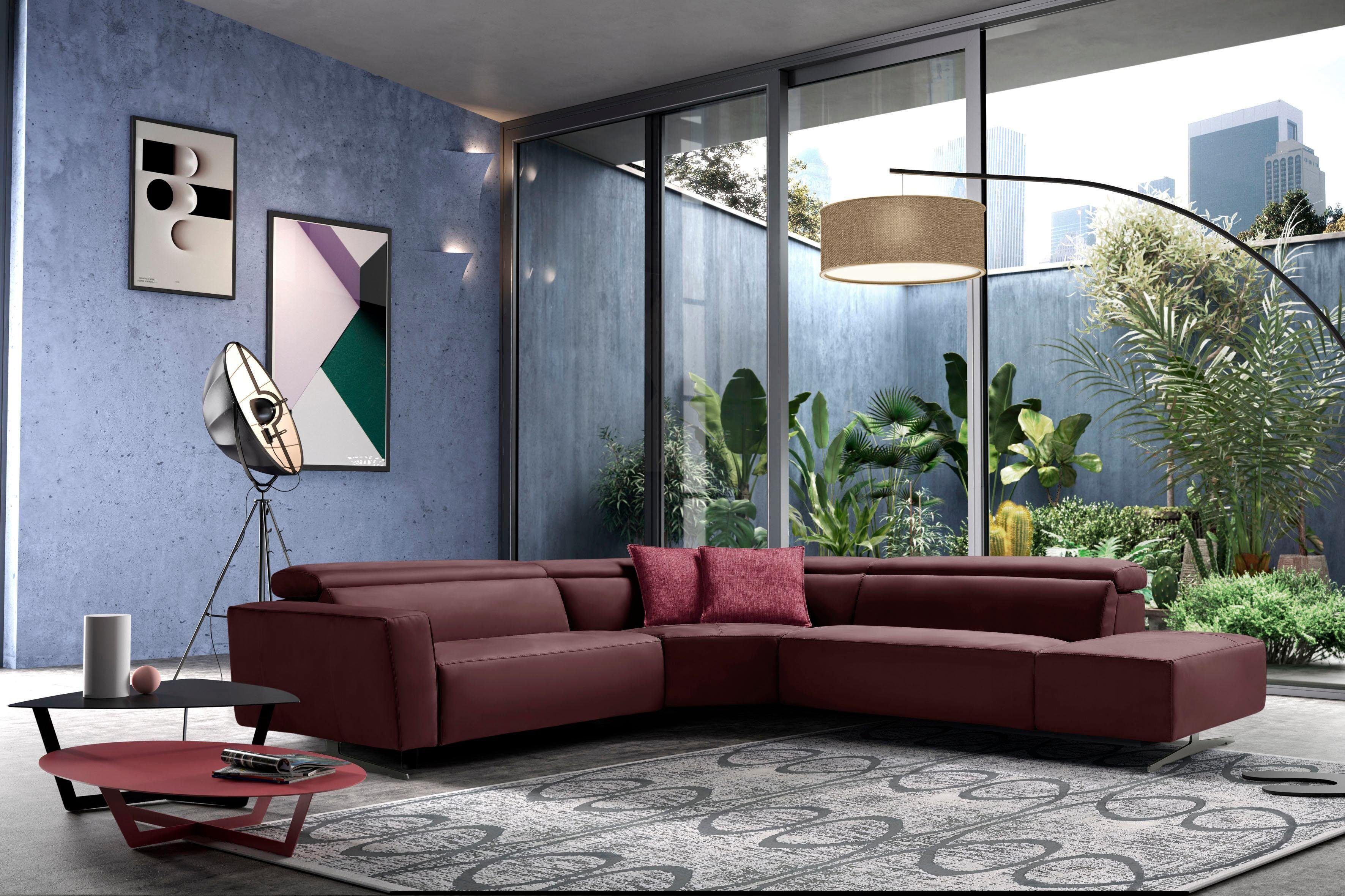 Ecksofa EGOITALIANO "Stefanie-e, Designsofa der Extraklasse, bequem mit hohem Sitzkomfort", rot (burgundy), B:314cm H:96cm T:284cm, LEDER BACIO hat eine weiche und wachsartige Hand mit halb undurchsichtigem Aussehen. Es handelt sich um ein Naturleder, das
