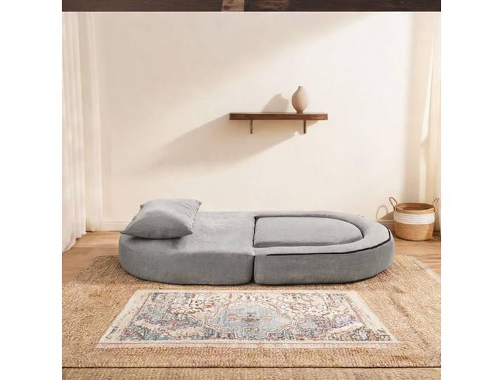 Canapé futon pliable 2 places en chenille soft gray convertible en couchage avec coussin 257x229 cm