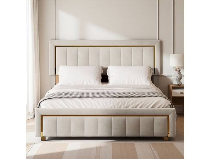 Lit coffre 140x190 Velours beige Lit 140x190 avec Coffre Hydraulique Tête de Lit Rembourrée Cadre de Lit avec Sommier à Lattes