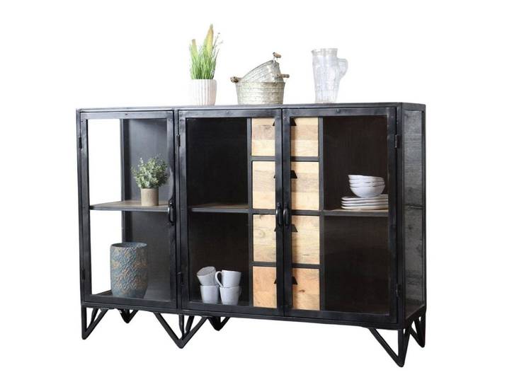 baario Sideboard Sideboard BARBAR Metall Glas, schwarz Industrial Style Kommode Vitrine