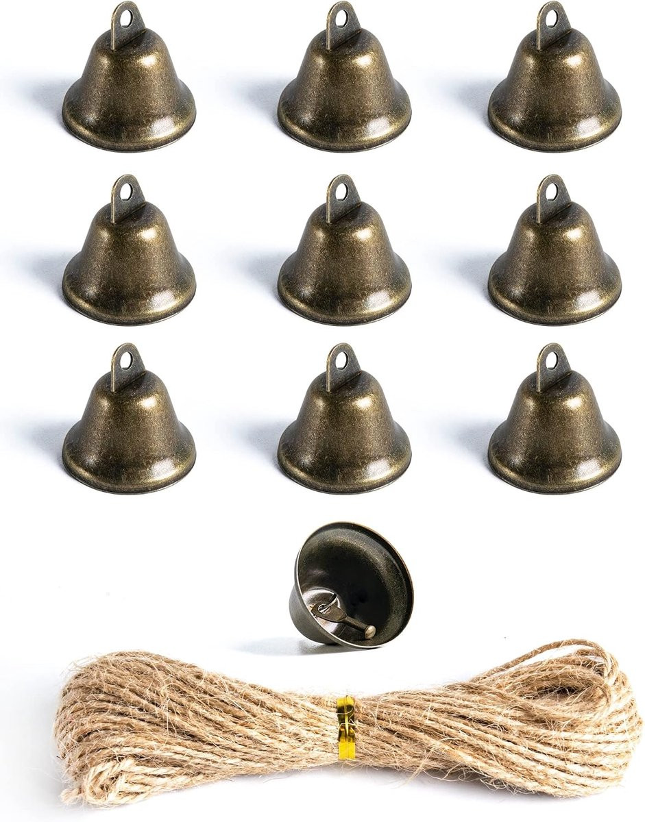 10 stuks Vintage Brons Jingle Bells met 10m Jute Touw voor DIY Decoratie en Kerstboom