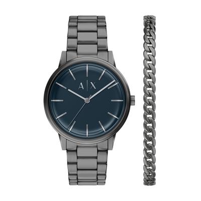 Quarzuhr ARMANI EXCHANGE, grau (anthrazit, blau), Armbanduhren, Herren, anthrazit, Quarzuhr, Armbanduhr, Herrenuhr, Edelstahlarmband, Ideal auch als Geschenk