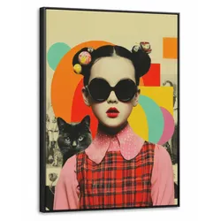 LEINWAND Bilder mit Rahmen - Mädchen - Sonnenbrille - Katze - Retro - 60x80