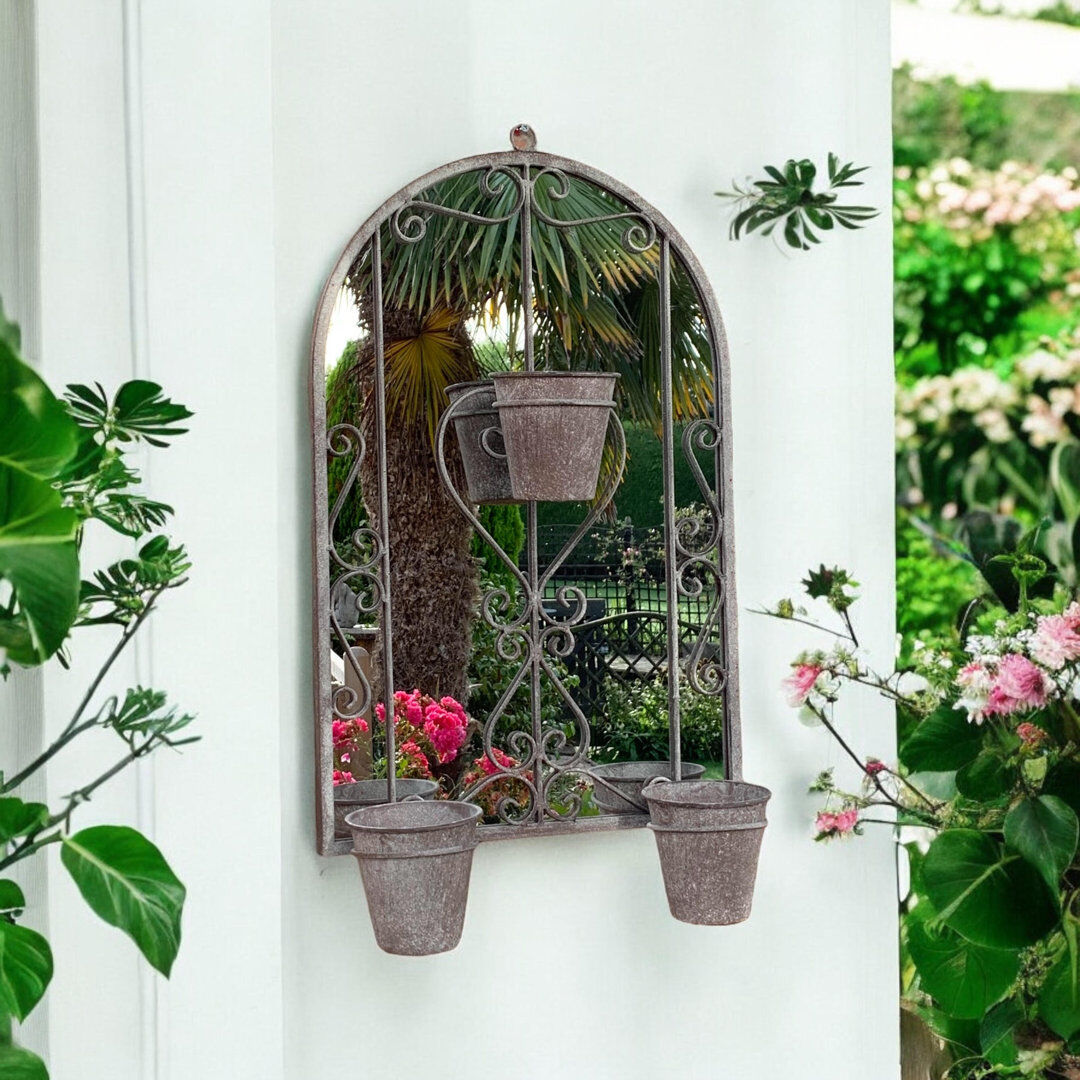 Fleur De Lis Living Cordelia Metal Framed Wall Accent Mirror with Planters Rustic Indoor Outdoor Garden Decor Grey Finish Grey 70cm H X 45cm W X 15cm D
