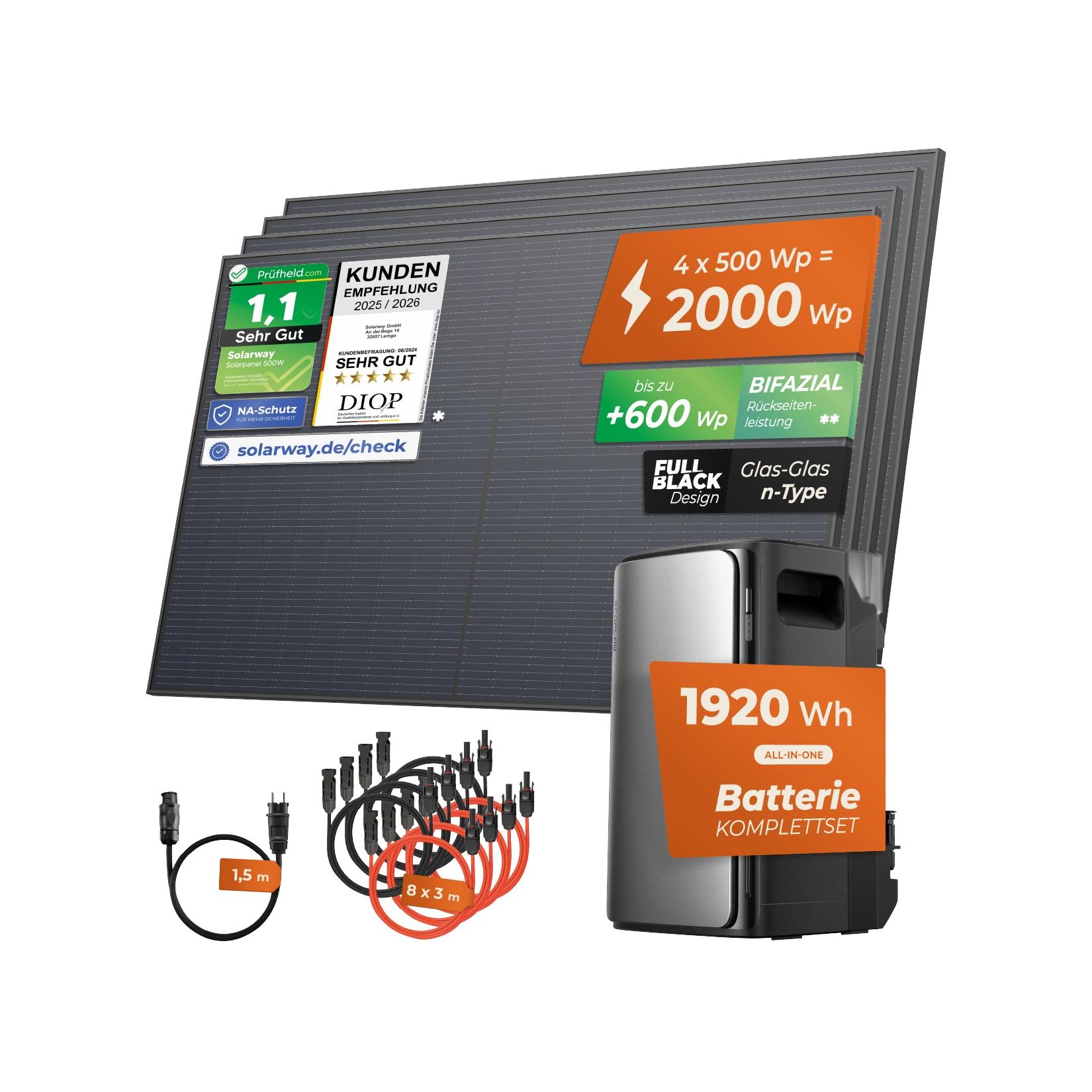 Solarway® 2000Wp / 800W Balkonkraftwerk mit 1,9kWh Speicher komplett Steckdose - 1,9 kWh EcoFlow STREAM Ultra - Solaranlage Komplettset - 500W Solarmodule & EcoFlow Speicher & Zubehör