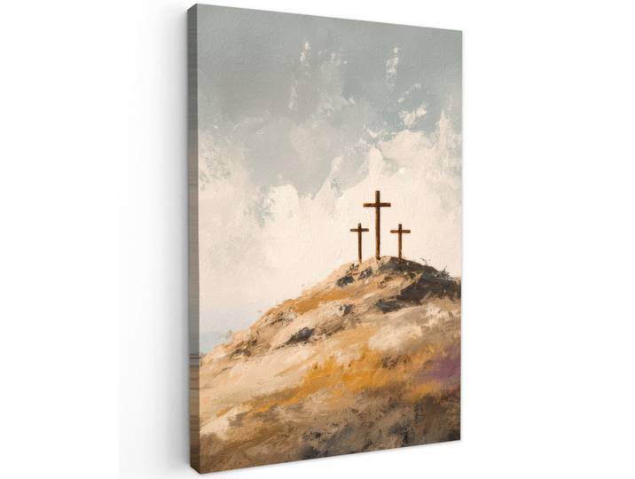 MuchoWow Leinwandbild - Hügel - Abstrakt - Christentum - Kreuz - 80x120 - Wanddeko, Hellgrau, Textil, Kiefer, Rechteckig, 80x120 cm, gerahmt, Bilder & Rahmen, Bilder, Wandbilder