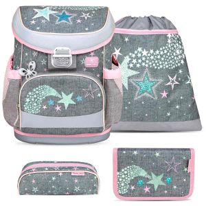 Belmil Schulranzen Mini-Fit, Shine Bright, 4-teilig, 1. - 2. Klasse, grau, für Mädchen