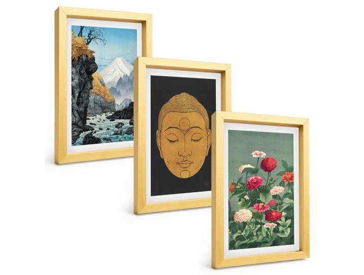 Tulup Bilder SET 3er Set - 20x30 cm Goldrahmen - Japanische Natur, Japandi-Kultur, Goldfarben, Kunststoff, Rechteckig, 20x30 cm, einfache und schnelle Anbringung, Bilder & Rahmen, Bilder