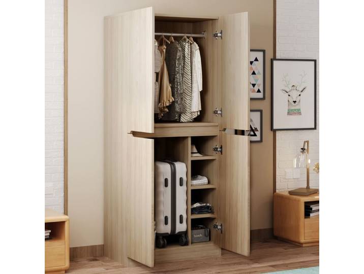 Armoire bois naturel L 70 x P 40 x H 170 cm 2 portes penderie et compartiments montage nécessaire