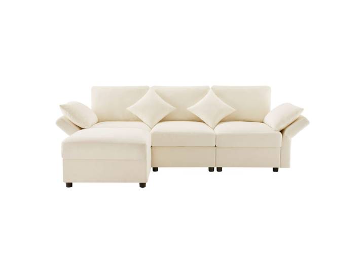 Canapé d'angle en chenille beige avec pouf 218x156,5x86 cm