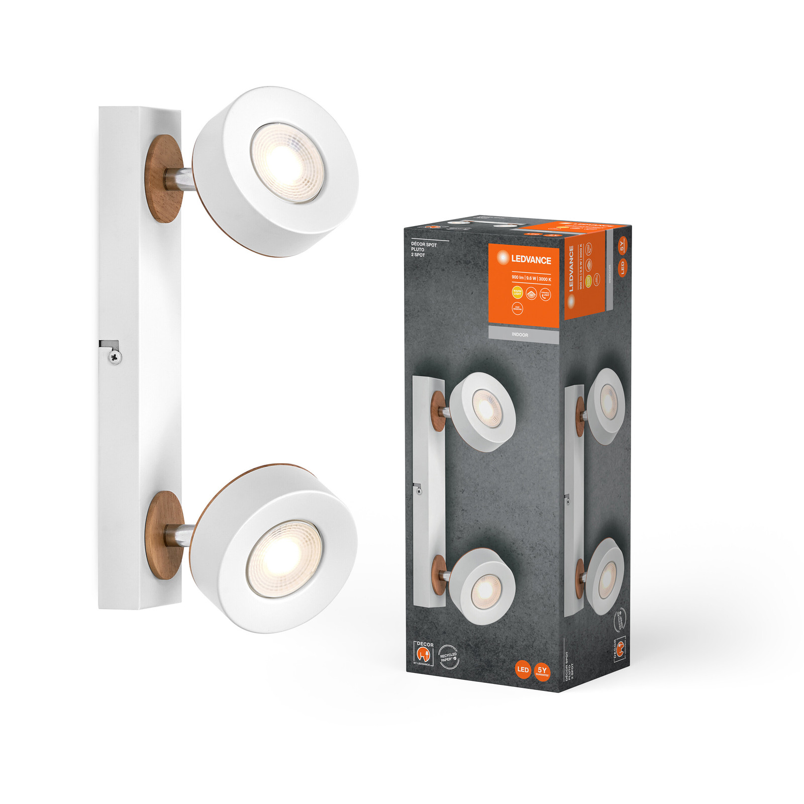 Ledvance Decor 2 Spot Pluto LED Deckenleuchte en Wandlamp, Wit, 9,6W, 900lm, Warmwit 3000K, Schwenkbaar