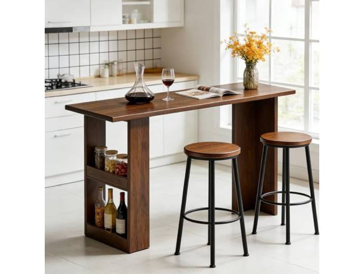 Tazyee Massivholz Bartisch mit Stauraum, Gastronomie-Stehtisch Küchentisch, Schmaler Langer Tresen Tisch, 2,5 cm Dicke Tischplatte, für Bar,Küche, Wohnzimmer etc.
