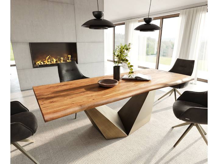 DELIFE Esstisch Edge 240x100 Akazie Natur Prisma Metallic Gold Live-Edge, Esstische, Baumkantenmöbel, Massivholzmöbel, Massivholz