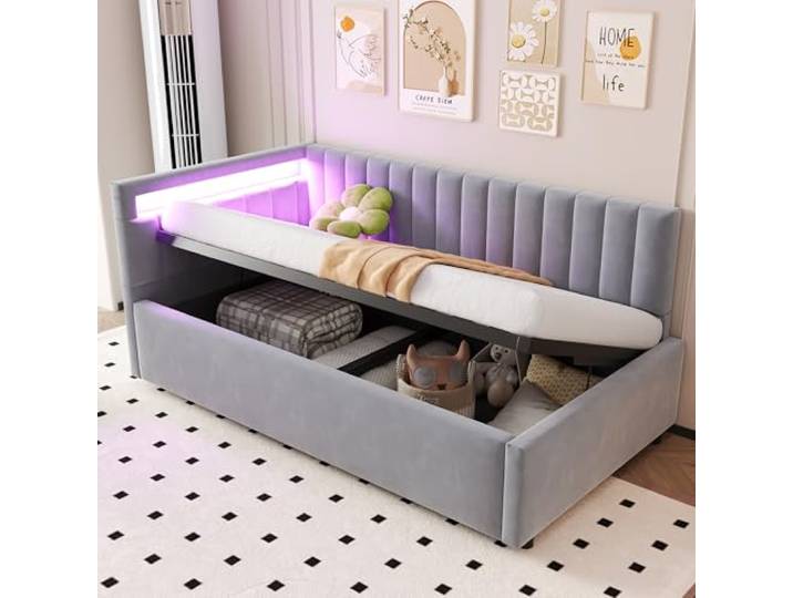 Merax Schlafcouch 90 x 200 cm, Schlaffunktion Schlafsofa mit LED-Beleuchtung und Stauraum, Samtstoff, Grau (Ohne Matratze)