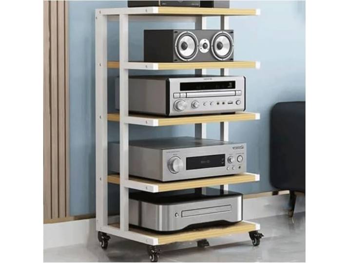 DUddTTW Audio-Rack, bewegliches Stereo-Rack, Audio-Geräte-Rack, Audio-Stereo-Regal, offenes HiFi-Rack aus Holz, Audio-Video-Regal mit Rädern(Natural,5 Tier)