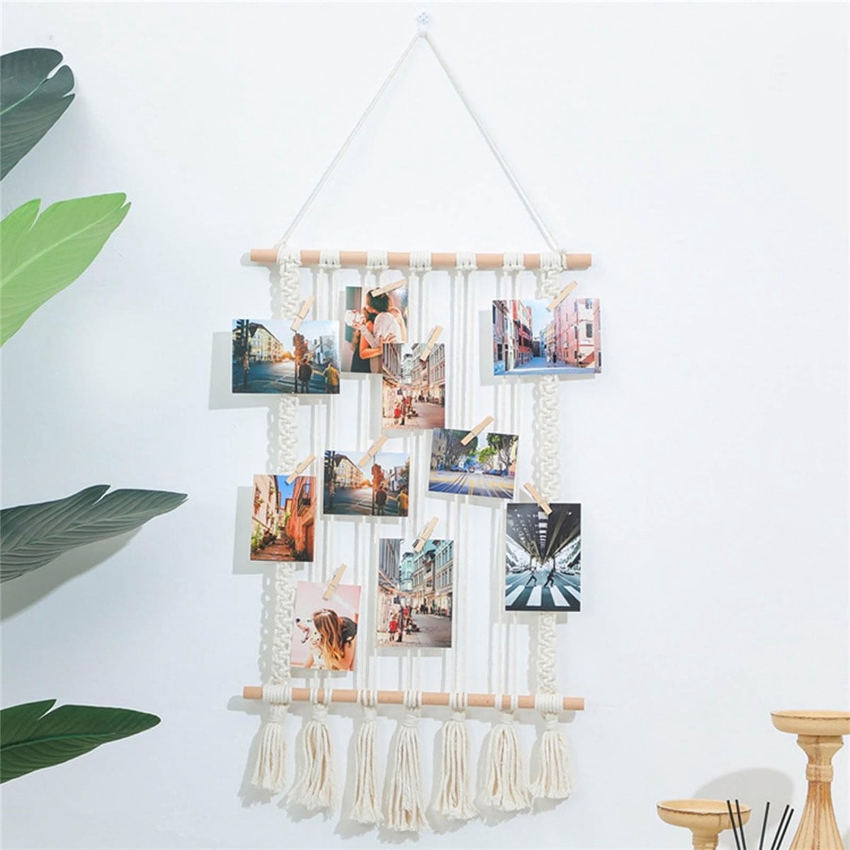 LIVIA HOME Macrame Fotodisplay met Beukenhouten Stok en Kaartenhouder voor Wanddecoratie