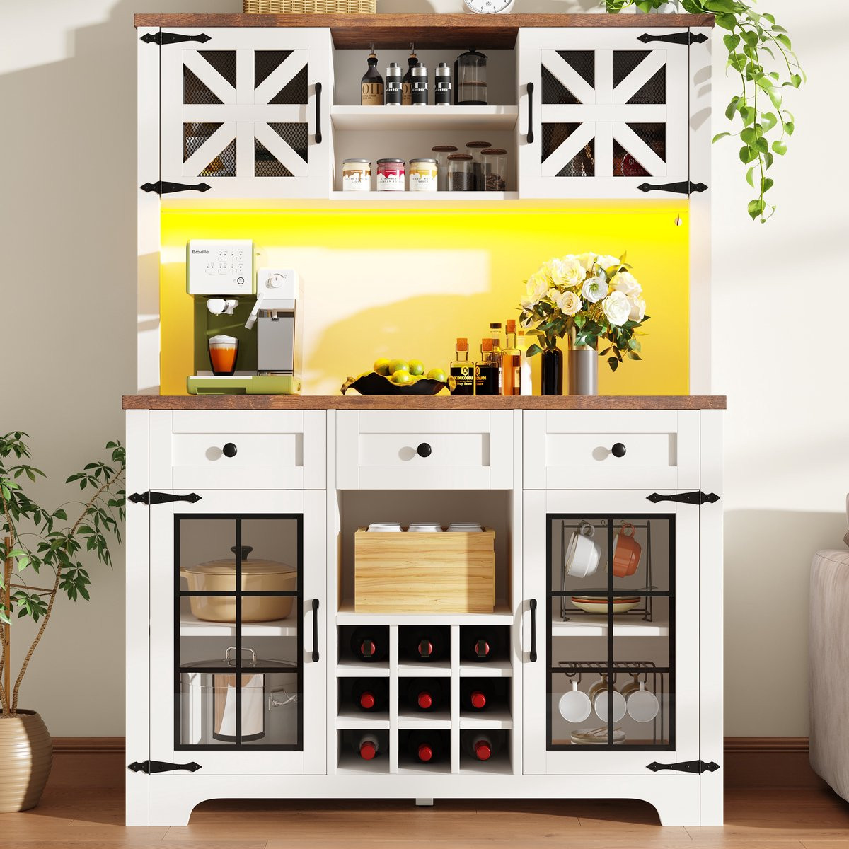 Sweiko Keukenkast Dressoir met LED-verlichting, Wijnrek en Verstelbare Planken, Wit